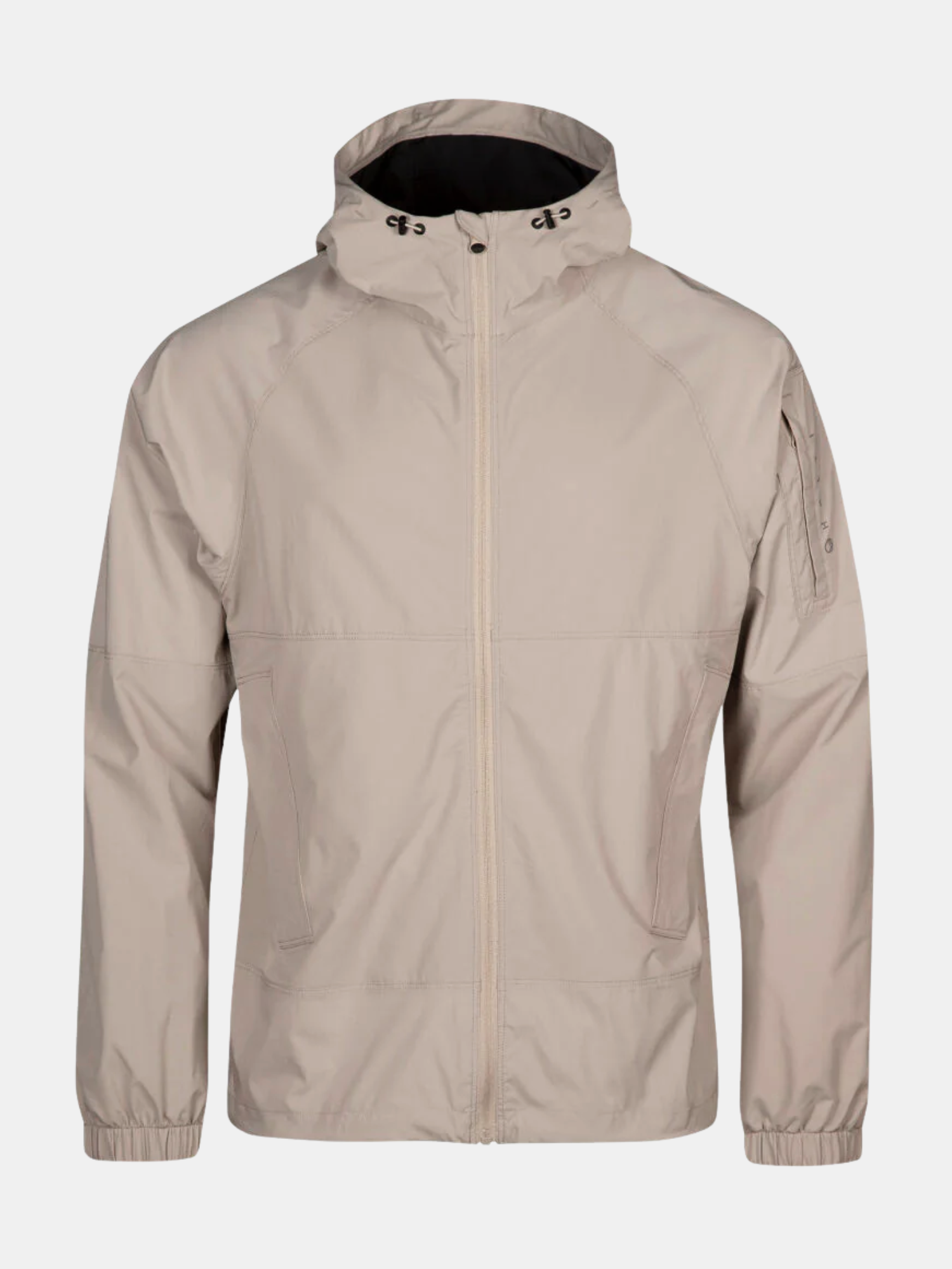 Halti Pallas Mens Jogger Lite Jacket in beige with front zipper, side pockets, and zip sleeve on plain background.