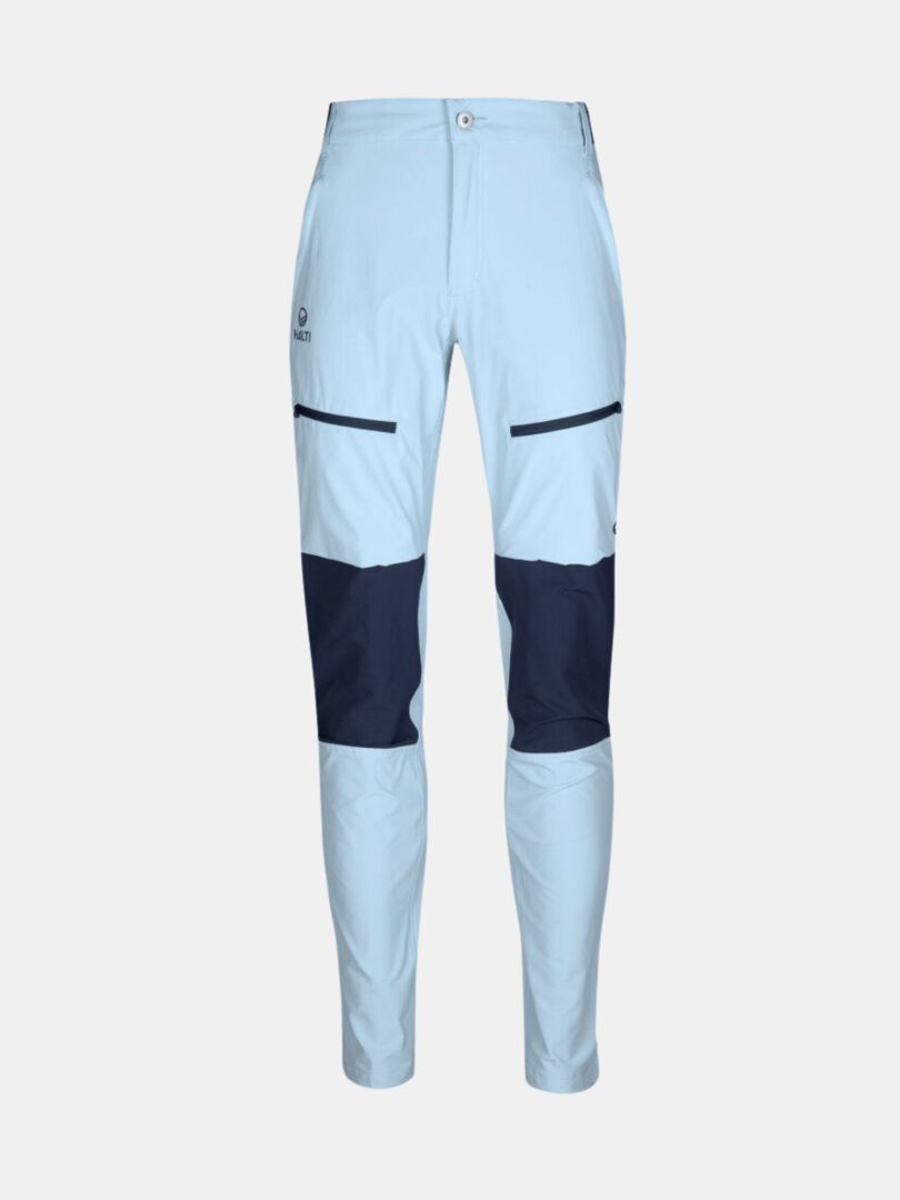 Halti Pallas Plus II Womens X-stretch light blue plus-size outdoor pants with navy knees and black zip pockets.
