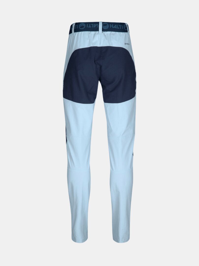 Back view of Halti Pallas Plus II Womens X-stretch Outdoor Pants in light blue with dark blue reinforced seat and waistband.