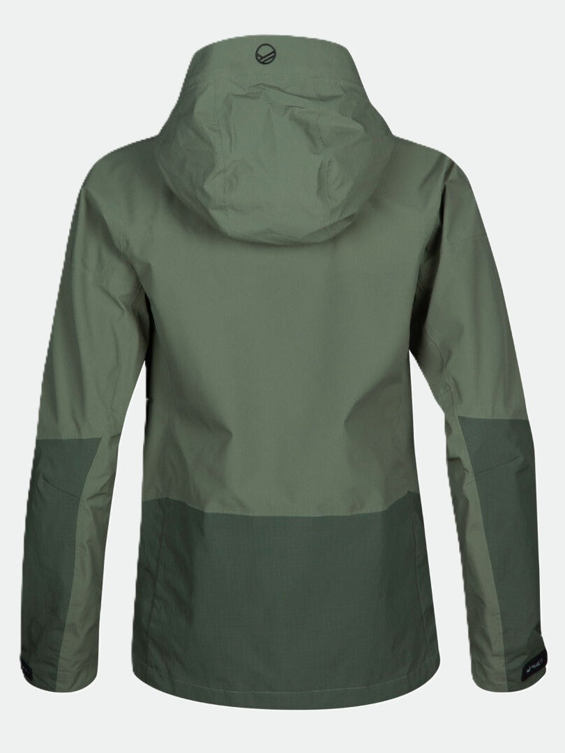 A green Halti Hiker Drymaxx 3L Ventilated Jacket Womens shown from the back—waterproof, breathable, and comfortable.
