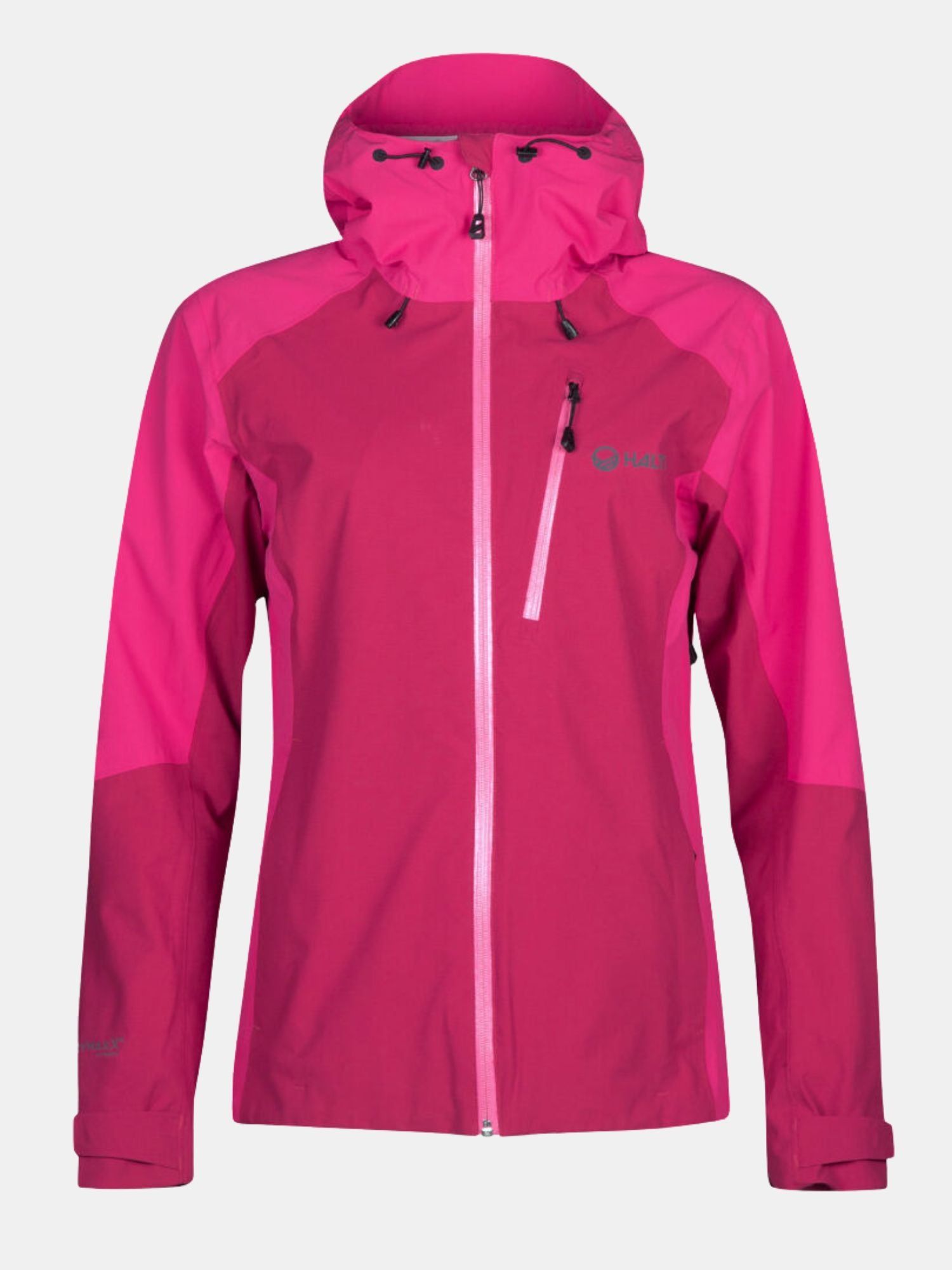 Halti Biegga Neve DrymaxX Shell Jacket: bright pink, lightweight, front zipper, chest pocket, adjustable hood.
