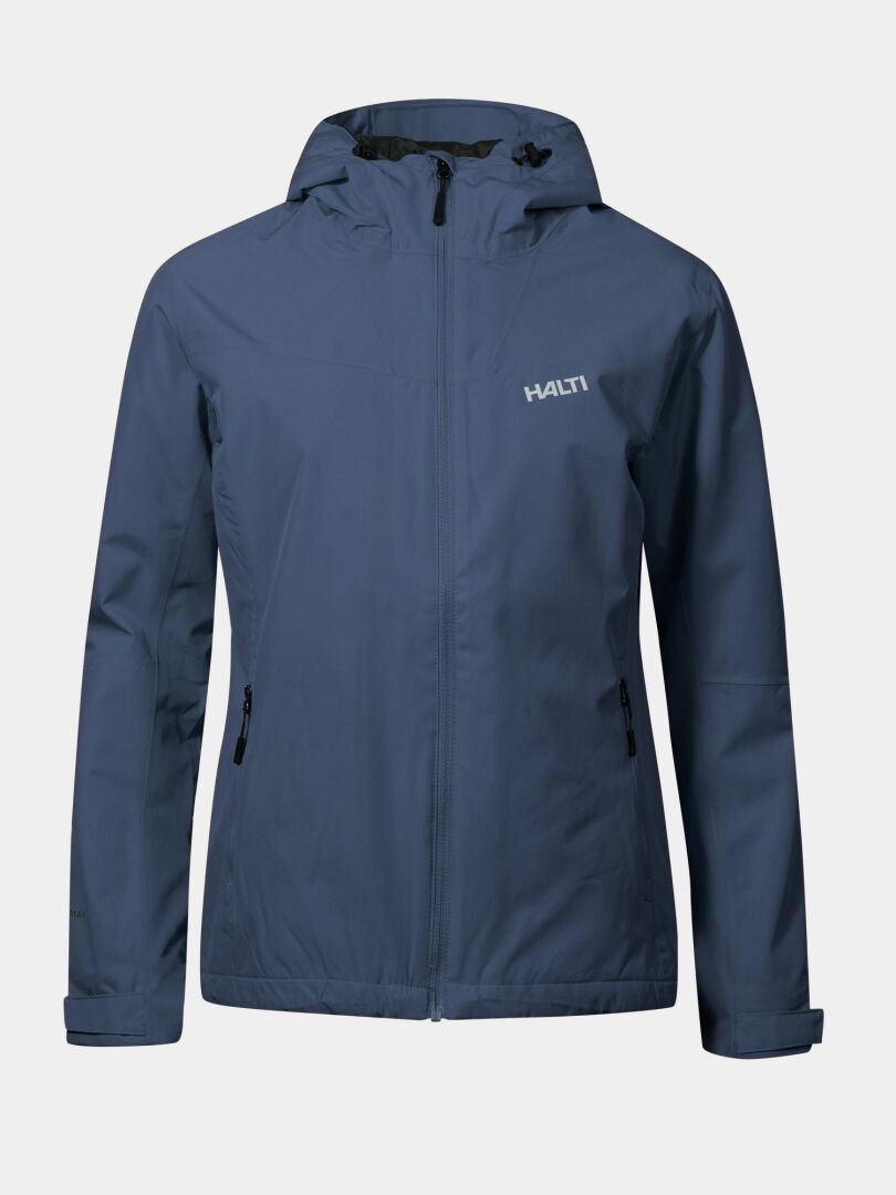 Halti Forter DX Shell Jacket Women's: blue, hooded, front zipper, zip pockets, Halti logo on chest.