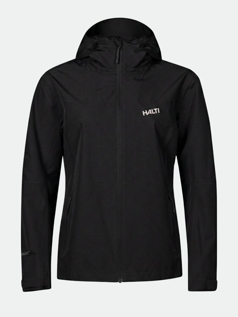 The Halti Forter DX Shell Jacket Women's is a black hooded outdoor jacket with zippered pockets and the Halti logo.