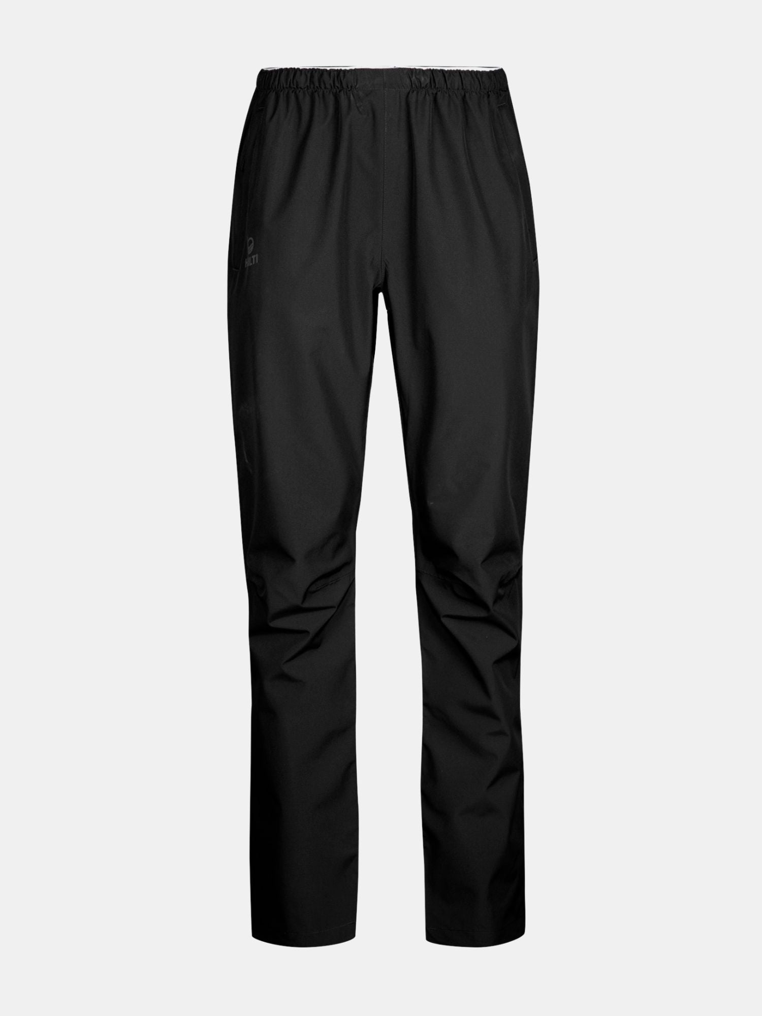 Halti Forter DX Shell Pants Womens: black, windproof, waterproof, recycled polyester, elastic waist, white background.