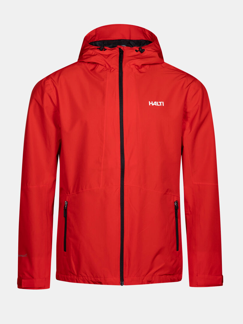 Halti Forter DX Shell Jacket Men's—red with black zippers, waterproof and perfect for hiking and outdoor activities.