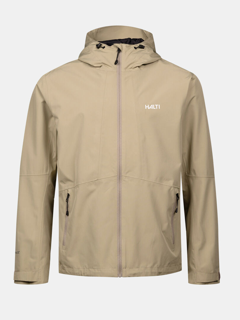 The Halti Forter DX Shell Jacket Men's is a beige, waterproof hooded jacket—ideal for hiking or dog walking.