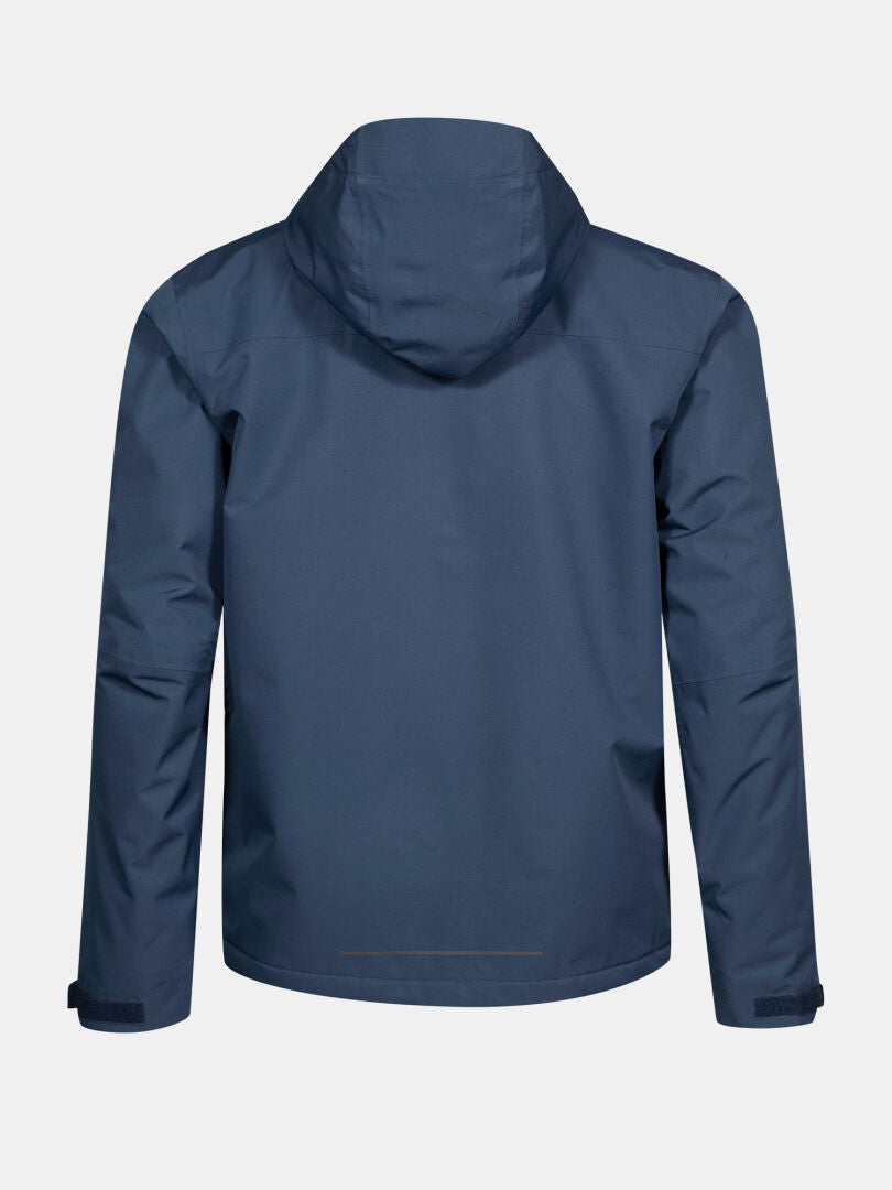 The Halti Forter DX Shell Jacket Men's in navy blue is shown from the back, ideal for hiking and outdoor adventures.