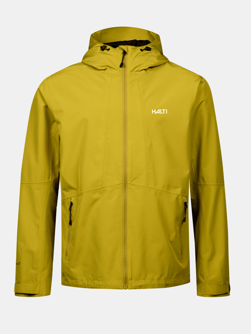 The Halti Forter DX Shell Jacket Men's in yellow has zippered pockets and is ideal for hiking and outdoor adventures.