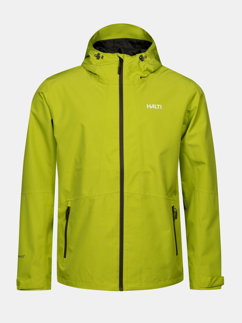 The Halti Forter DX men's shell jacket in bright green with black zippers and two pockets—ideal for hiking outdoors.