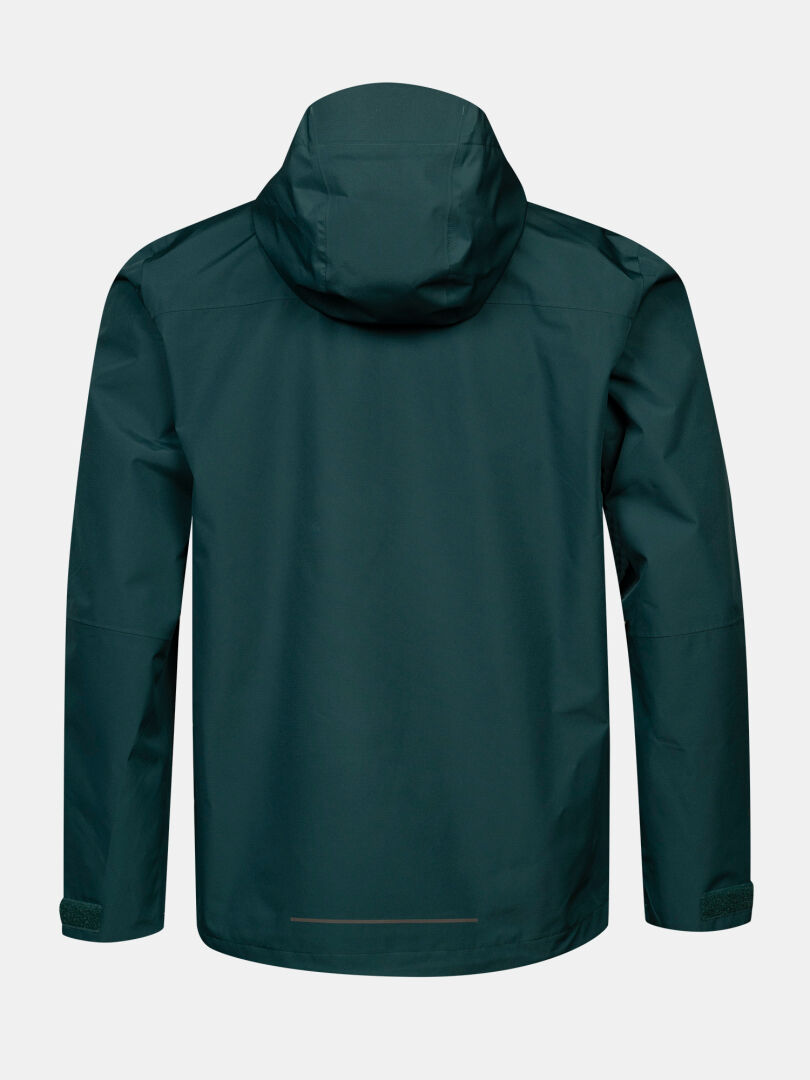 Halti Forter DX men’s dark green hooded shell jacket, shown from the back, ideal for hiking and outdoor use.
