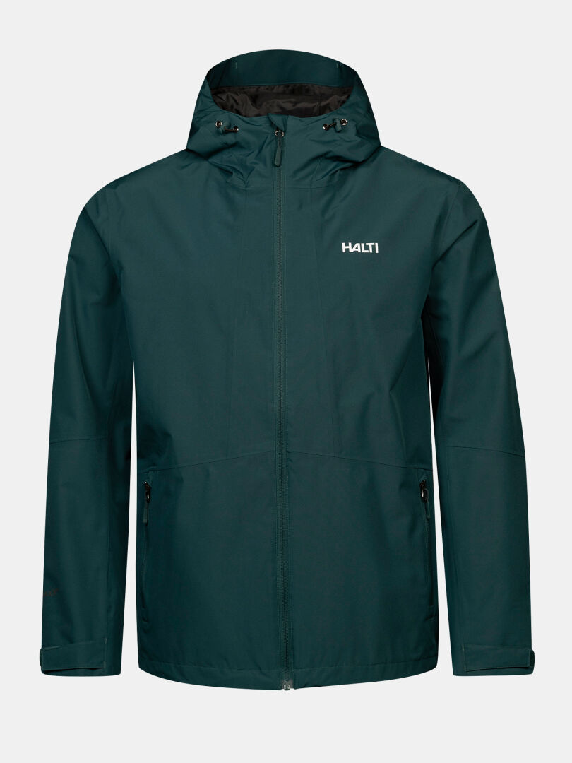 Halti Forter DX Shell Jacket Men’s: dark green, hooded, waterproof—ideal for hiking and outdoor adventures.