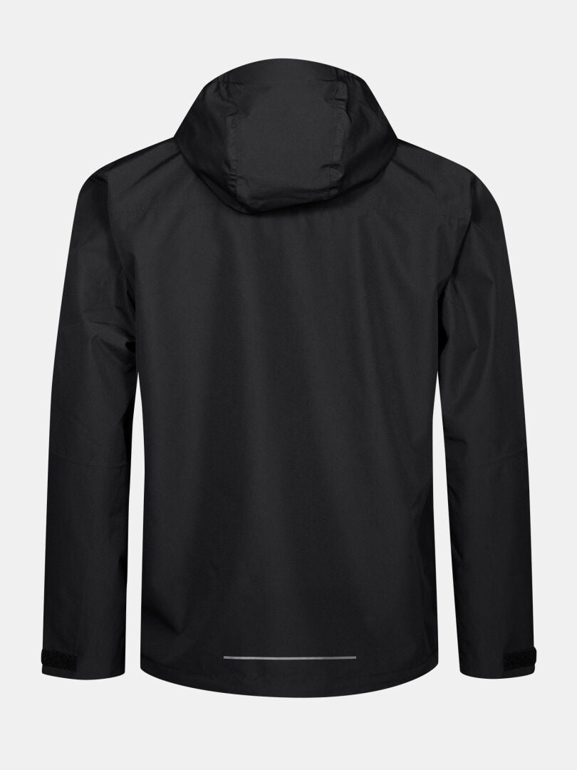 The Halti Forter DX Shell Jacket Men's is shown from the back in black with long sleeves and a plain, waterproof design.