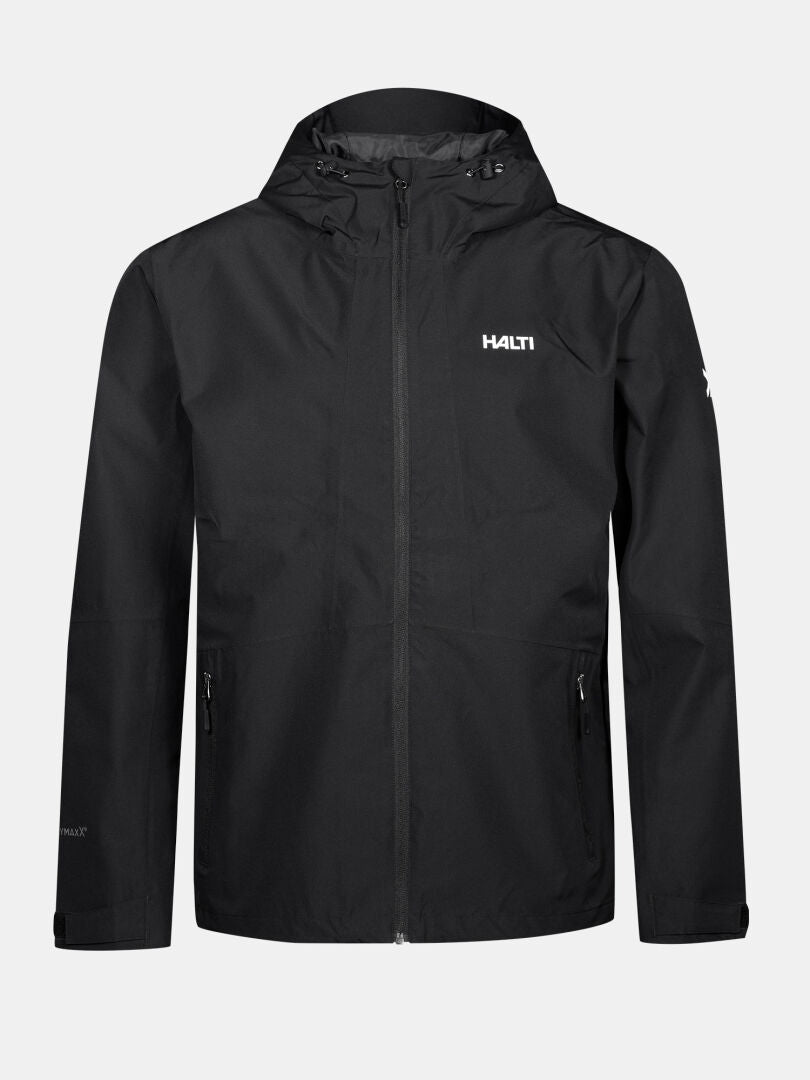 The Halti Forter DX Shell Jacket Men's is a black waterproof jacket with zipper, side pockets—great for hiking outdoors.