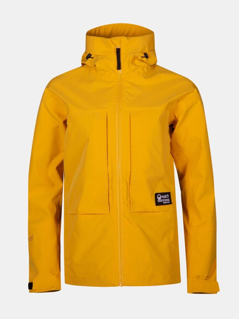 Halti Hiker II DrymaxX Shell Jacket Womens: yellow, waterproof, two pockets, front zip, logo patch on hem.