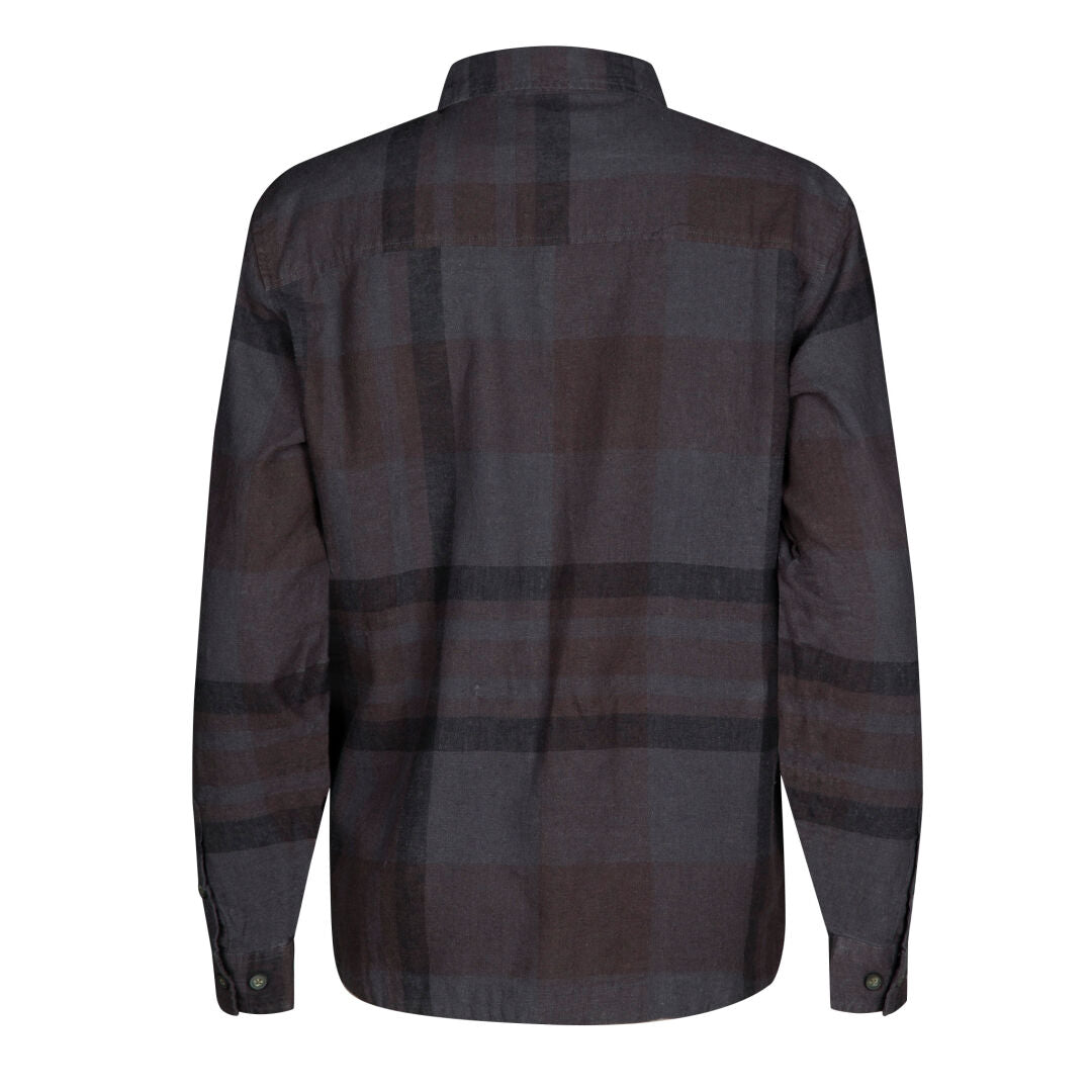 Back view of Haltis Hiker Trekking Shirt Womens in dark brown and gray plaid, hemp blend, ideal for outdoor activities.