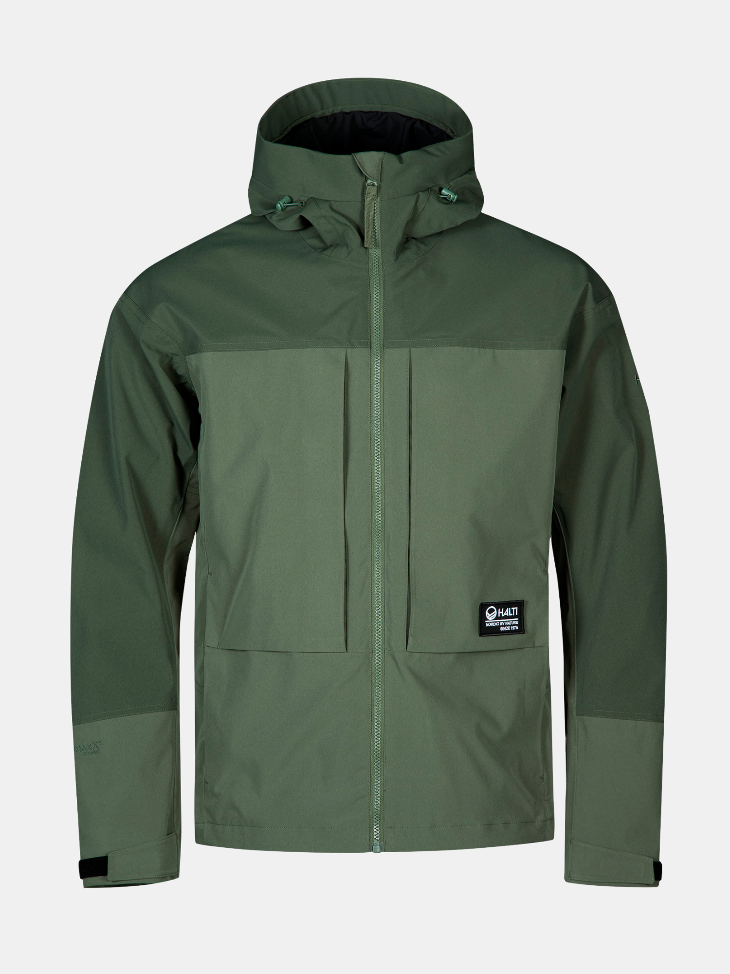 Halti Hiker II DrymaxX mens shell jacket—green, waterproof, zip front, chest pockets; perfect for hiking and trekking.