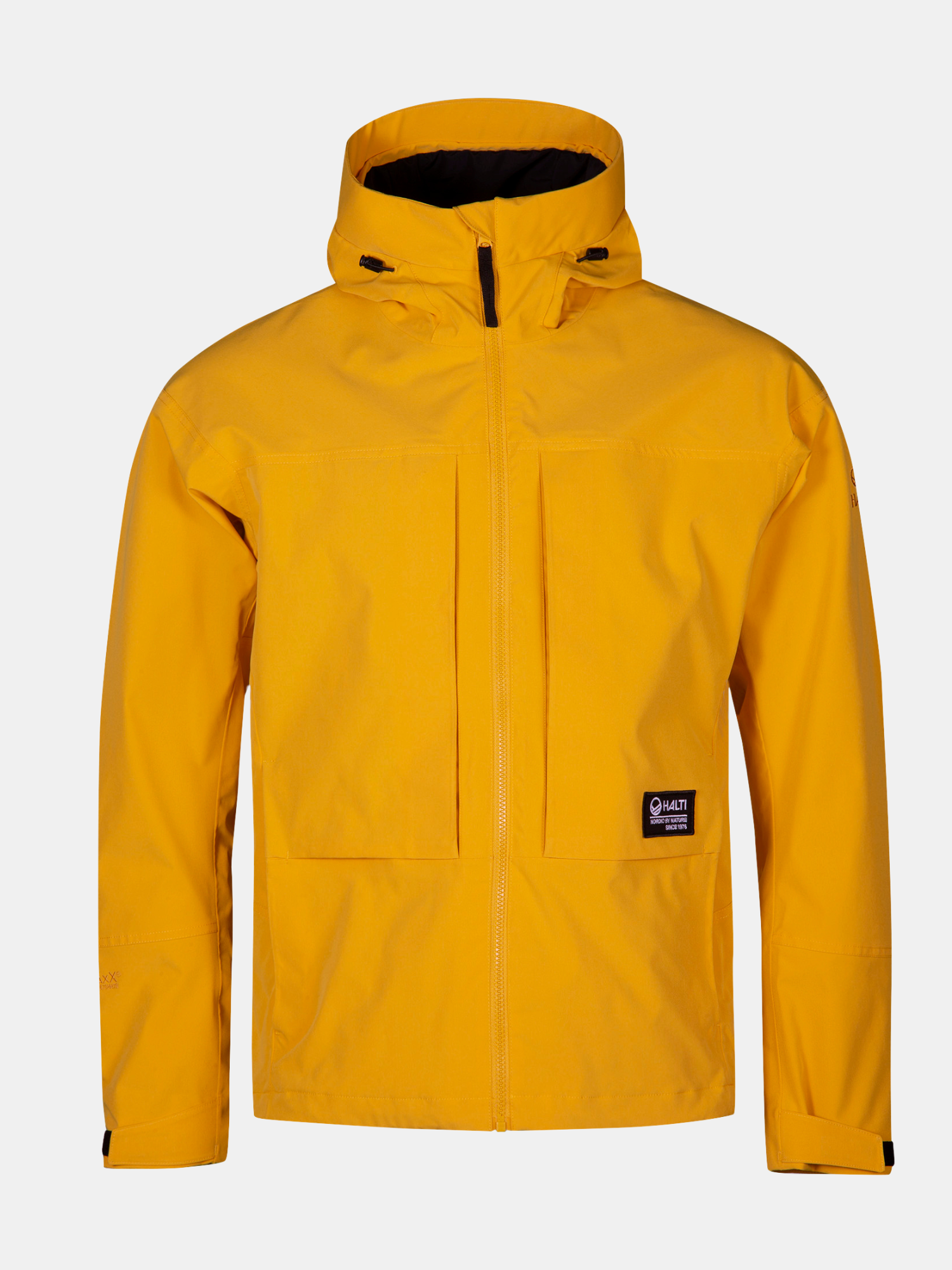 Halti Hiker II DrymaxX mens yellow shell jacket with two front pockets and a small lower right logo patch.