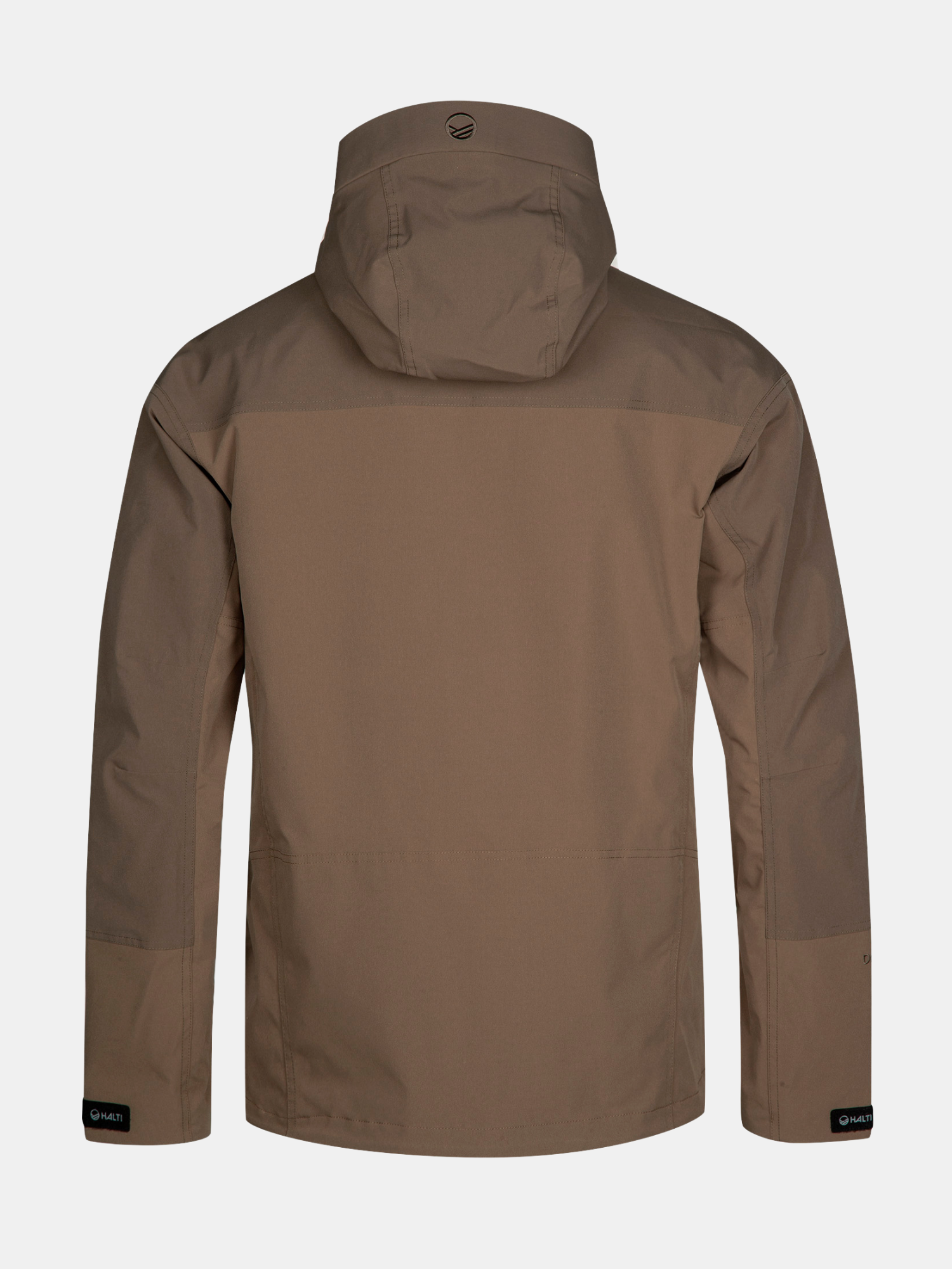The Halti Hiker II DrymaxX mens shell jacket, shown from the back, features long sleeves and a high collar.