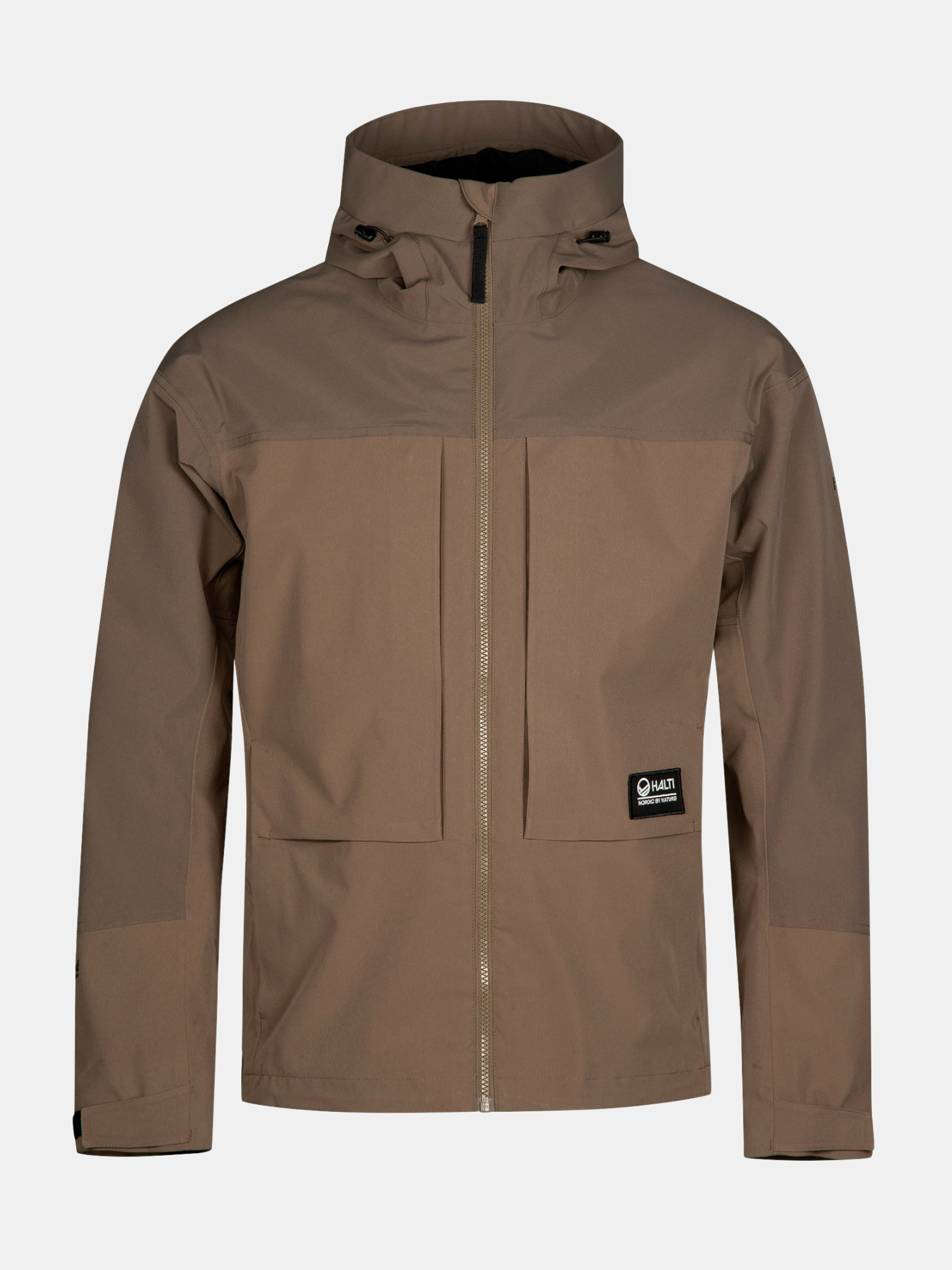 The Halti Hiker II DrymaxX Shell Jacket Men’s is a brown, waterproof, hooded jacket with two chest pockets—great for hiking.