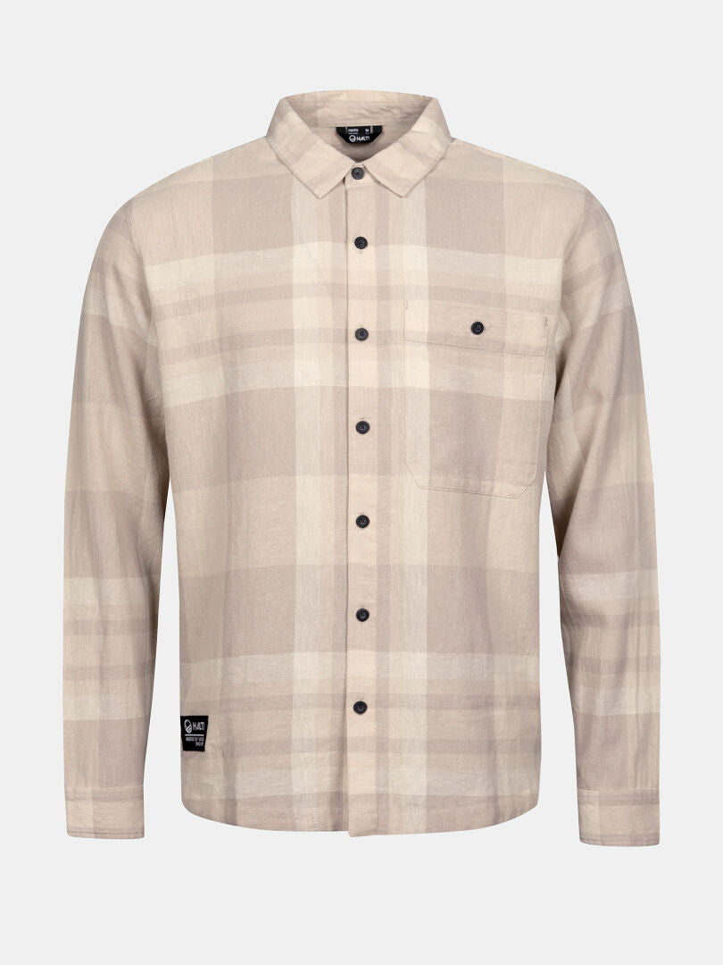 Halti Hiker Trekking Shirt Mens in beige plaid, features a chest pocket and black buttons, shown on a plain background.