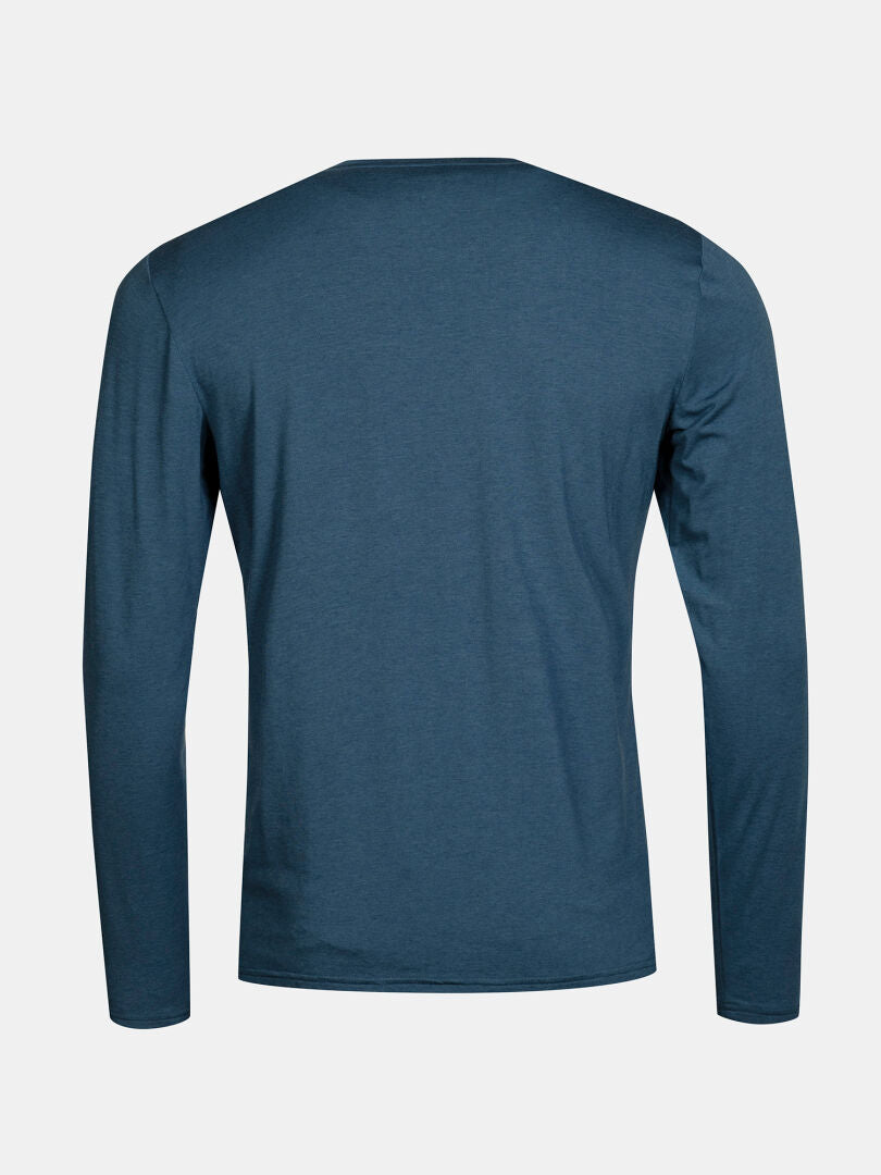 The Halti Tuntu II Men's Merino Long Sleeve Shirt in blue, shown from the back against a plain white background.