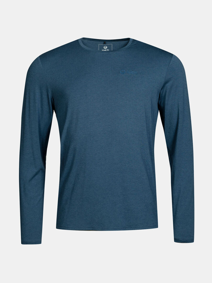 The Halti Tuntu II Men's Long Sleeve Merino Shirt in blue, crew neck, shown on a light gray background.