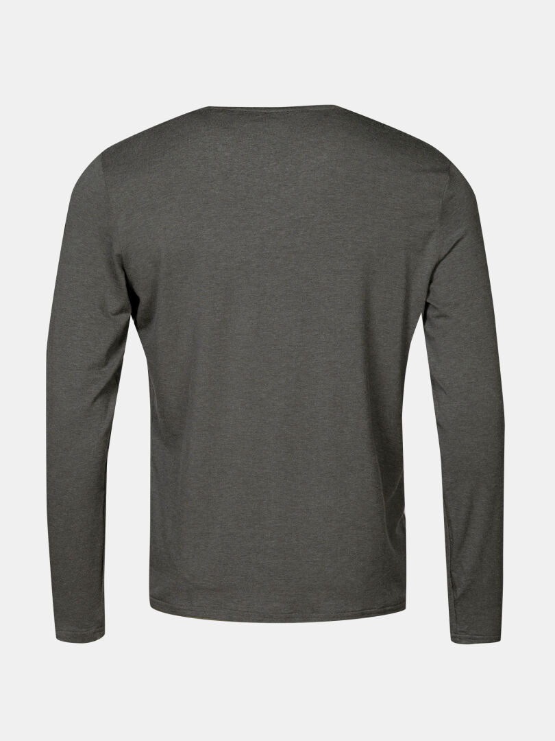 The Halti Tuntu II Men's Merino Long Sleeve Shirt in dark grey—classic outdoor style shown from the back.