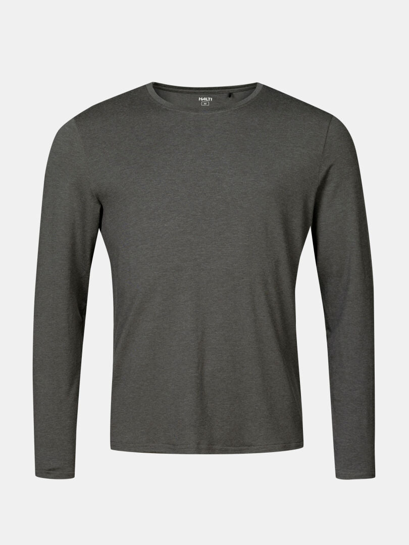 The Tuntu II Long Sleeve Merino Shirt Men's by Halti in dark gray crew neck is shown against a light gray background.