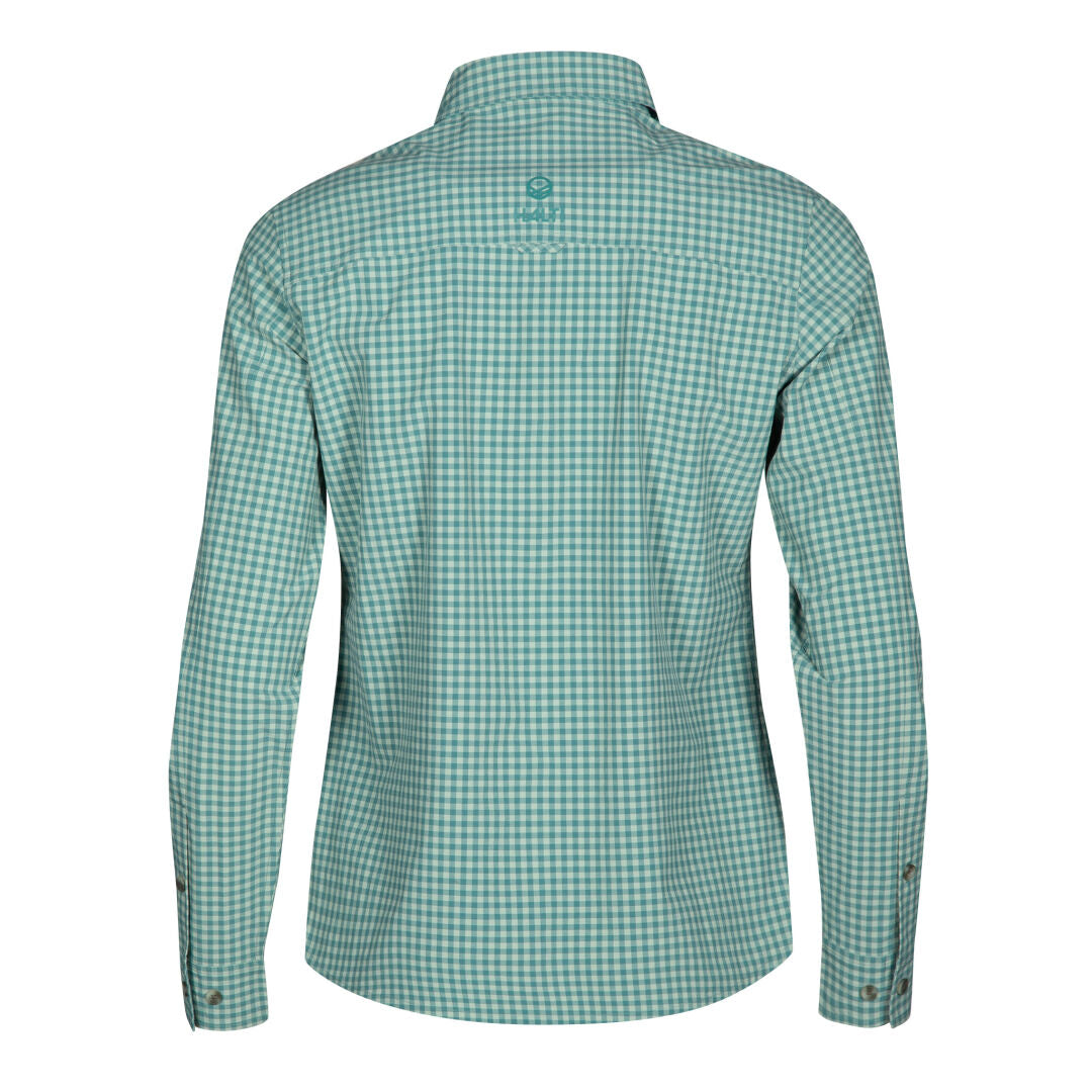 Halti Kota Long Sleeve Check Shirt Womens—green/white, breathable, collared with buttoned cuffs, ideal for hiking.