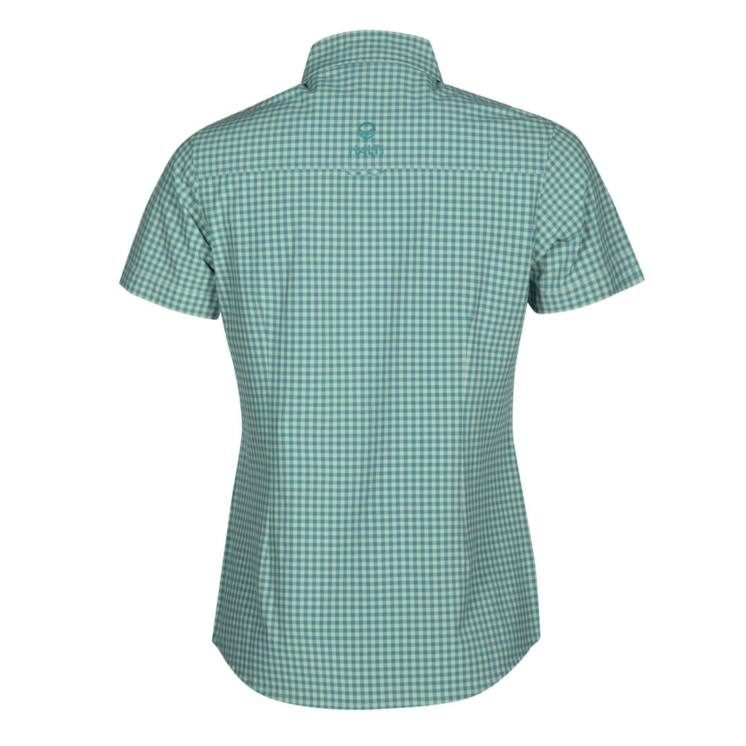 Back view of Halti Kota Womens short-sleeve breathable check shirt, green/white, collar, logo below neckline.