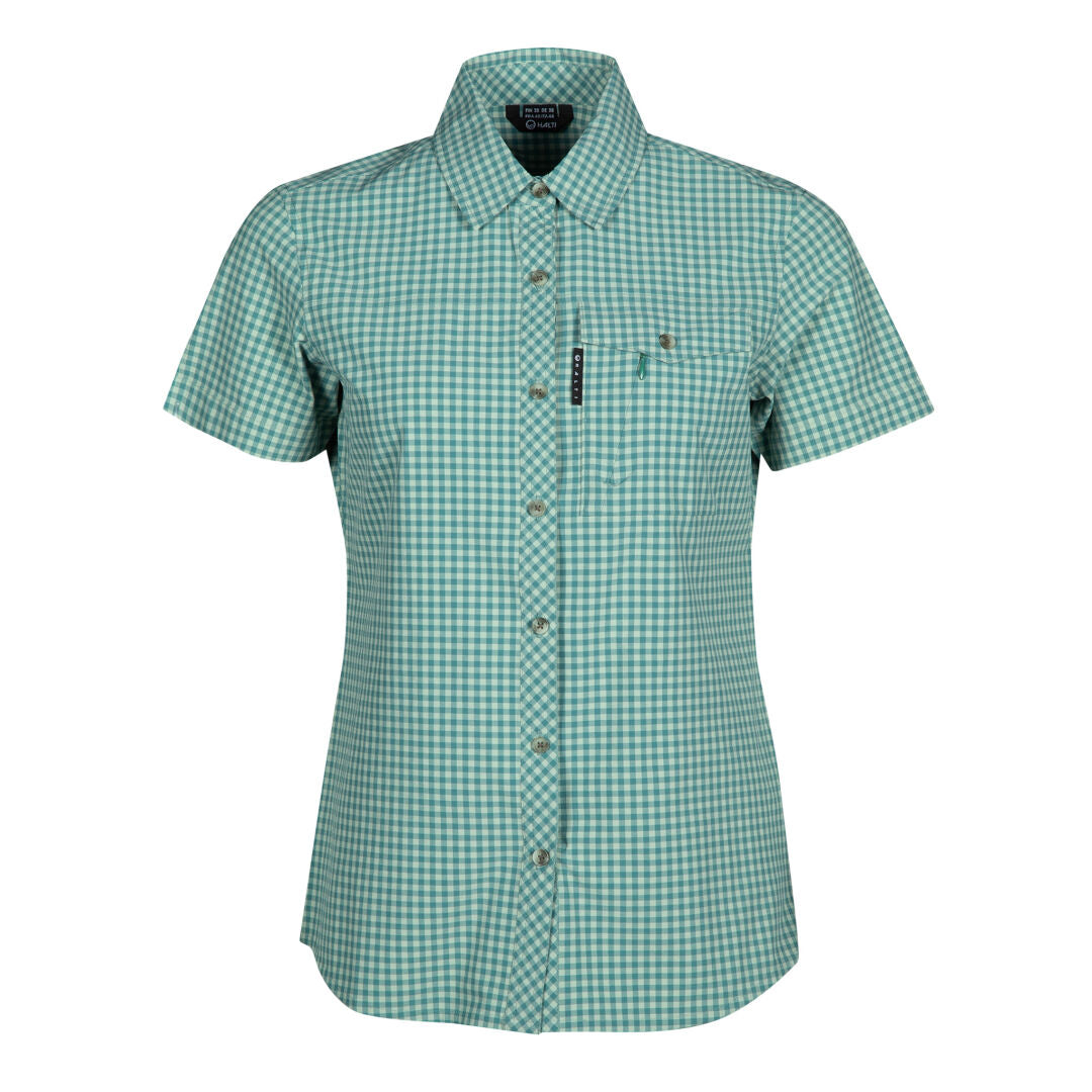 Halti Kota Womens Short-sleeve Check Shirt in green/white, with Active Dry fabric and front pocket, shown on white.