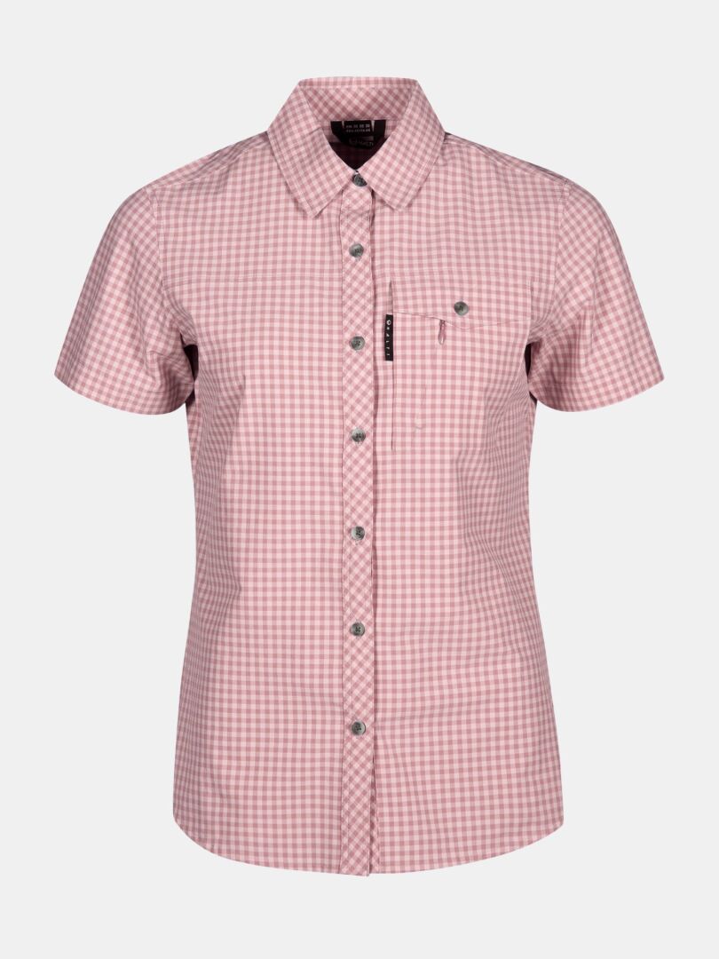 Halti Kota Womens short-sleeve pink and white check shirt with collar and small left chest pocket.