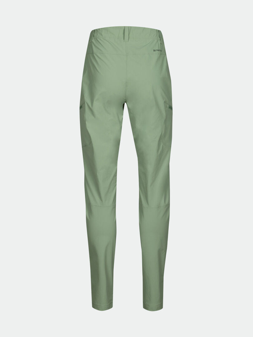 Halti Pallas Evo X-stretch Pants Womens in light green, slim-fit, shown from the back on a white background.