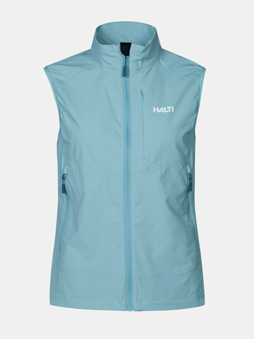 Halti Pallas Evo X-stretch Women's vest, light blue, lightweight with front zip, side pockets & logo on chest.