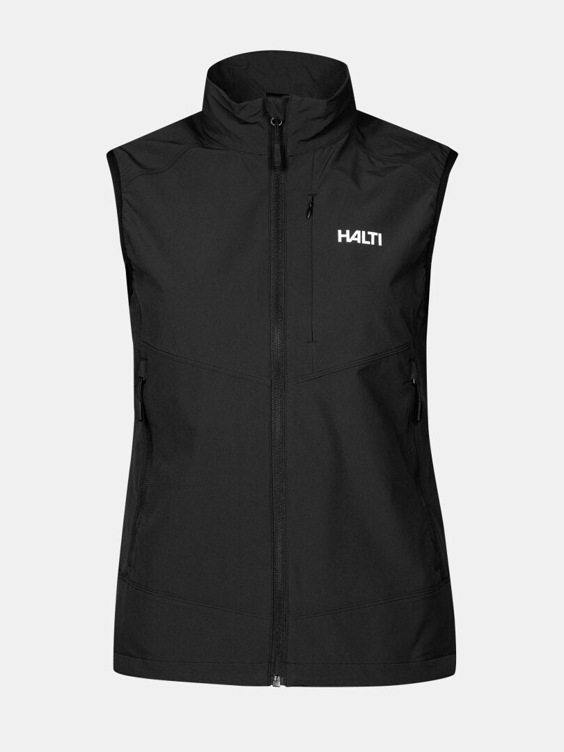 The Halti Pallas Evo X-stretch Vest Women's: lightweight, high-collared, with 2 zip pockets—ideal for active layering.