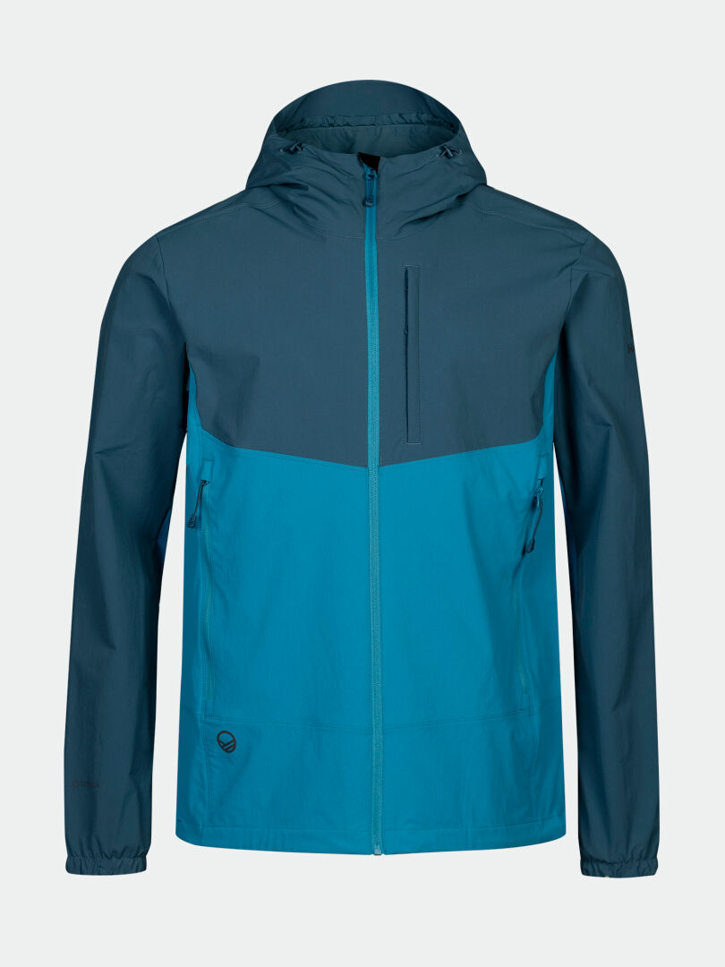 Halti Pallas Evo X-stretch Jacket Mens in two-tone blue with hood, zipper, and pockets shown on plain background.