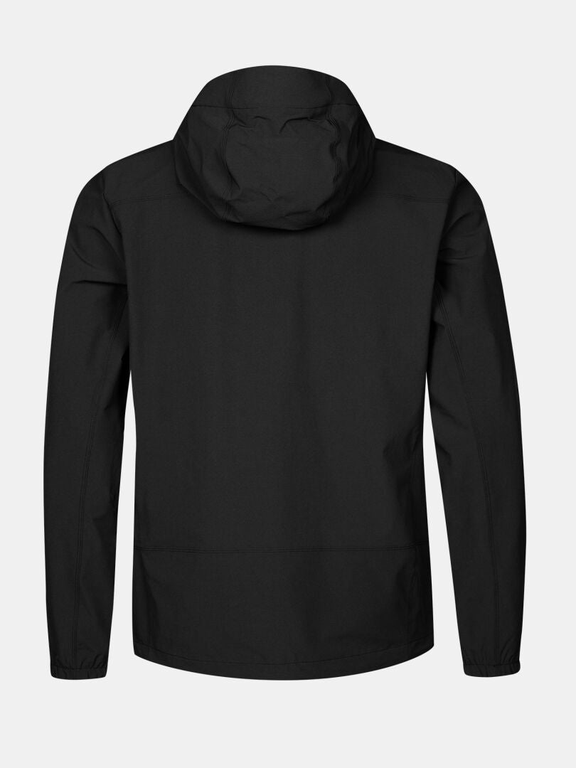 Back view of the Halti Pallas Evo X-stretch Jacket Men's in black, shown on a light gray background.