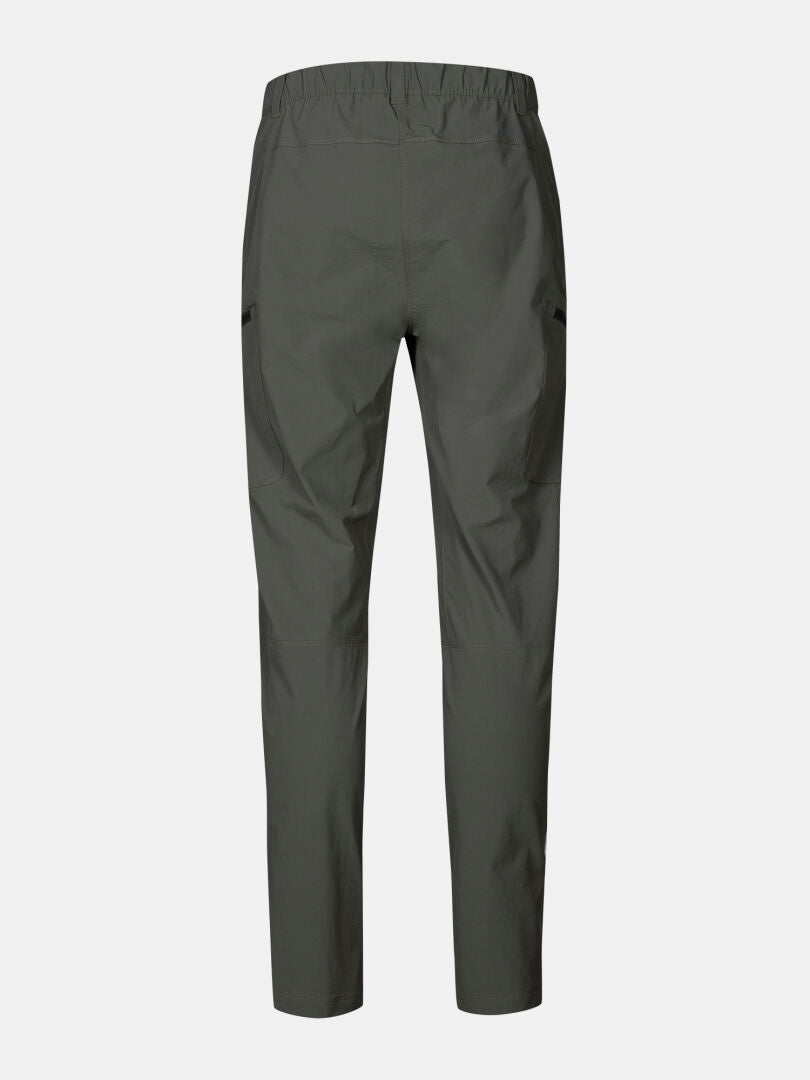 Halti Pallas Evo X-stretch Men’s dark green straight-leg hiking pants with elastic waist & two pockets, on white background.
