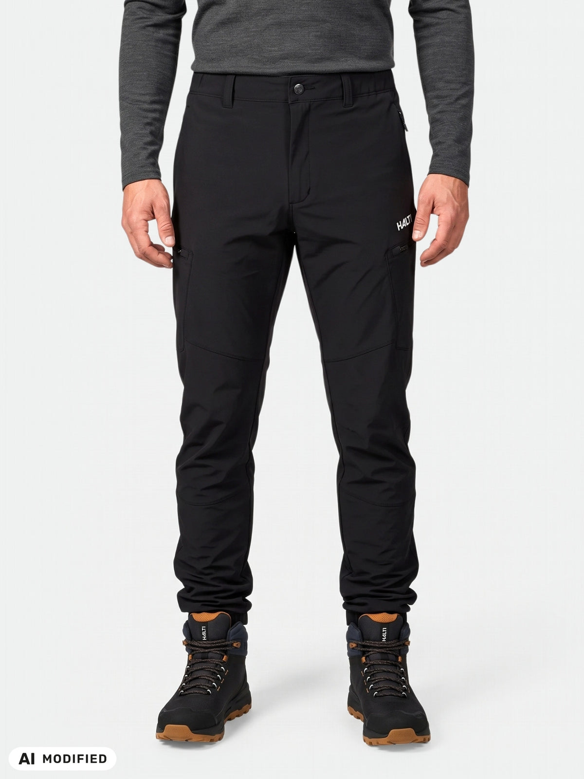 Wearing Halti Pallas Evo X-stretch Pants, a dark long-sleeve top, and hiking boots against a plain background.