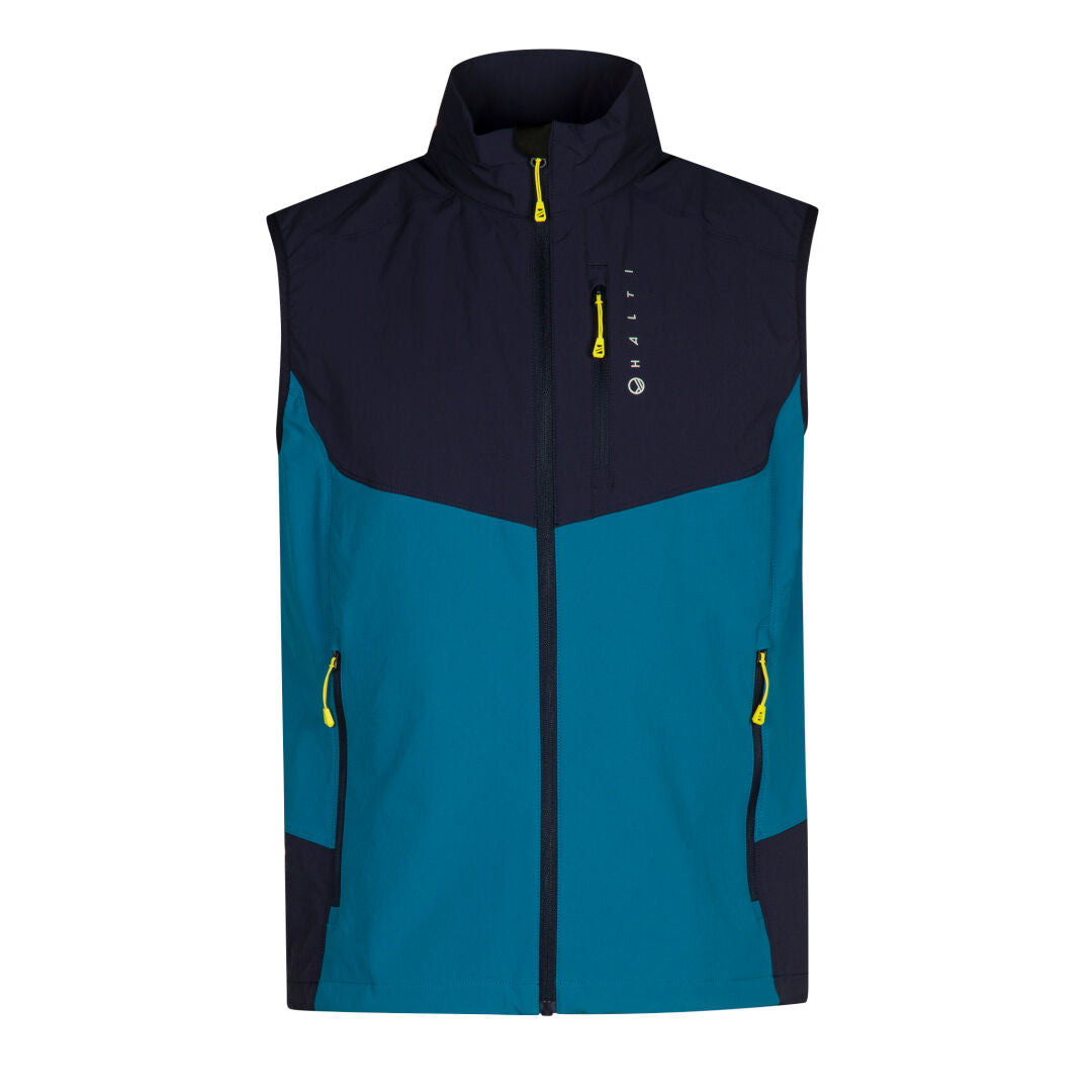 Halti Pallas Evo X-stretch Mens Vest: blue/black, high collar, yellow-accented zippers, breathable stretch fabric.