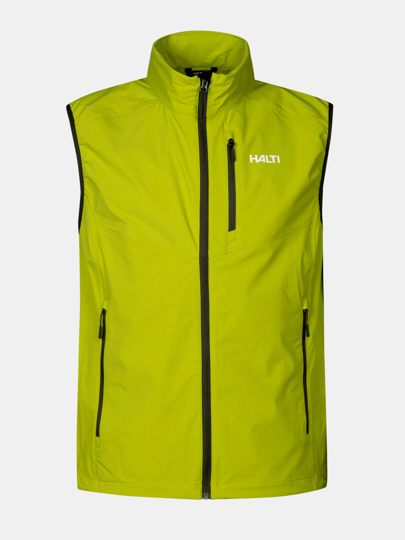Halti Pallas Evo X-stretch men's vest: bright yellow-green, high collar, black zippers, lightweight and breathable.