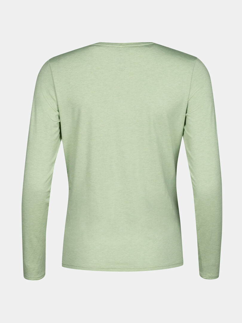 Halti Tuntu II womens light green merino long-sleeve shirt shown from the back, perfect for outdoor activities.