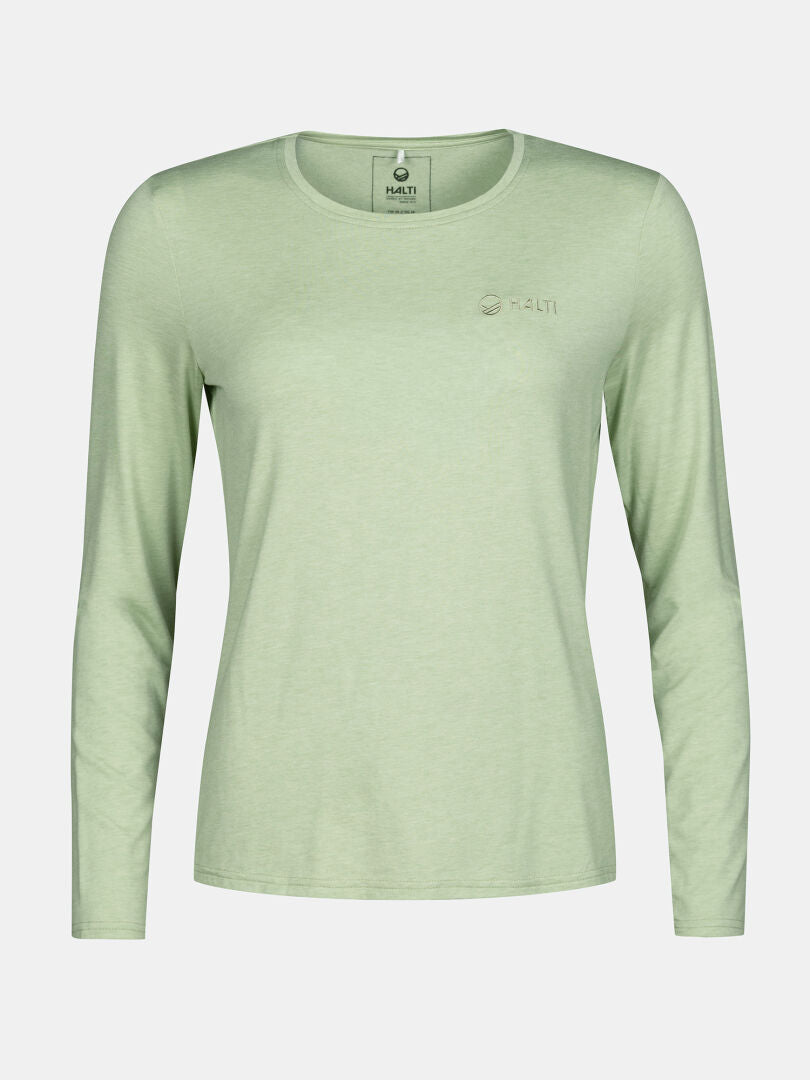 Halti Tuntu II Womens light green merino long-sleeve crew neck shirt, ideal for outdoor activity, shown on plain background.