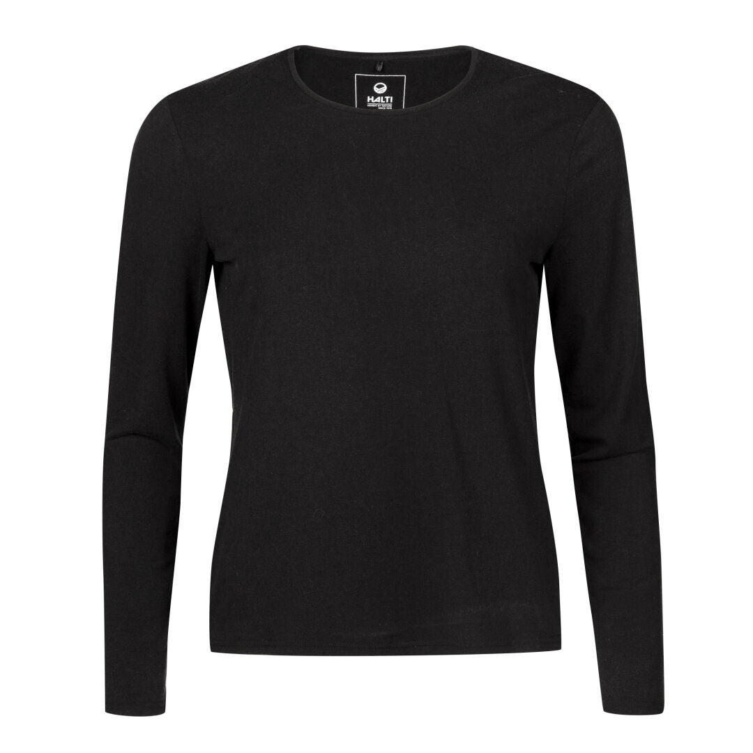 Halti Tuntu II Womens Long Sleeve Merino Shirt in black, moisture-wicking, shown on a white background.