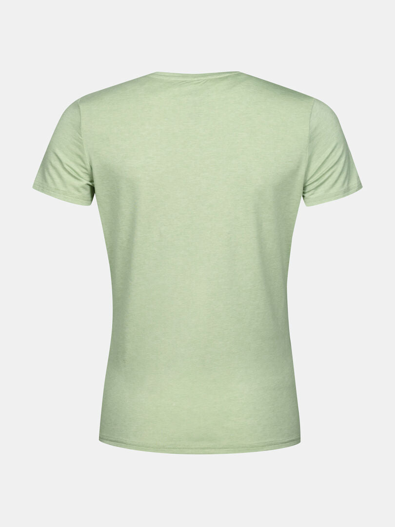 The Halti Tuntu II Merino Womens T-shirt in light green, shown from the back, is ideal for outdoor activities.
