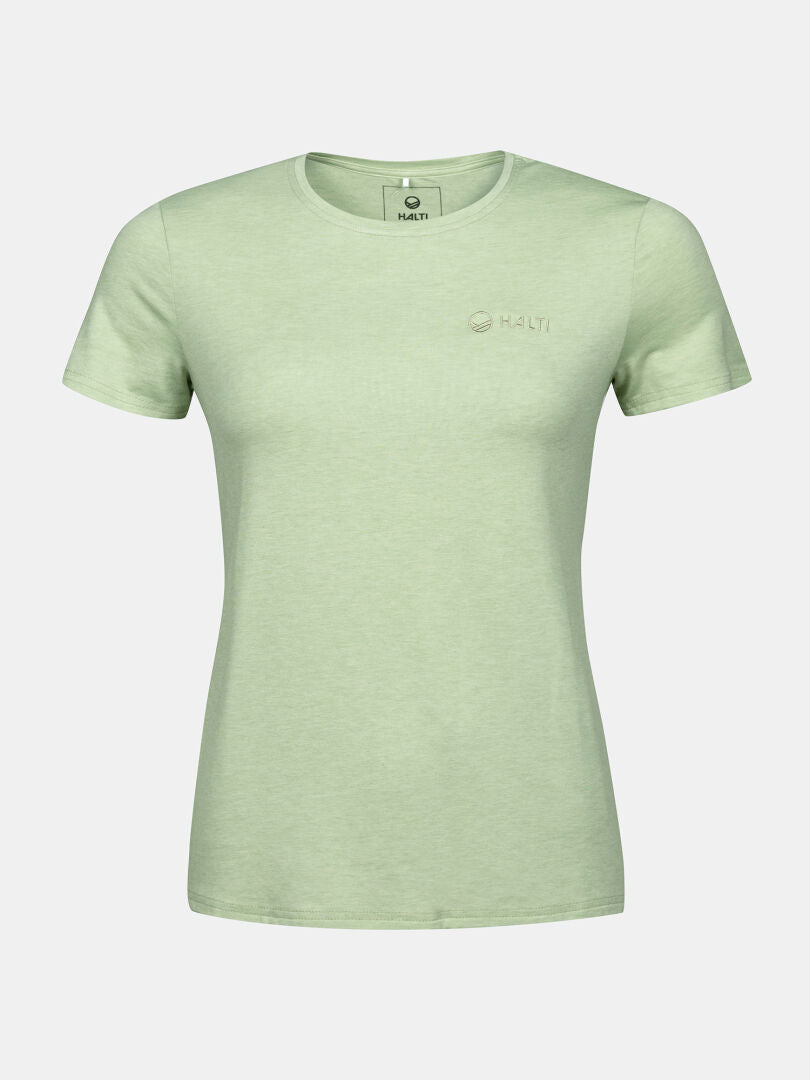 Halti Tuntu II Merino T-shirt Womens in light green with chest logo—ideal for outdoor activities.