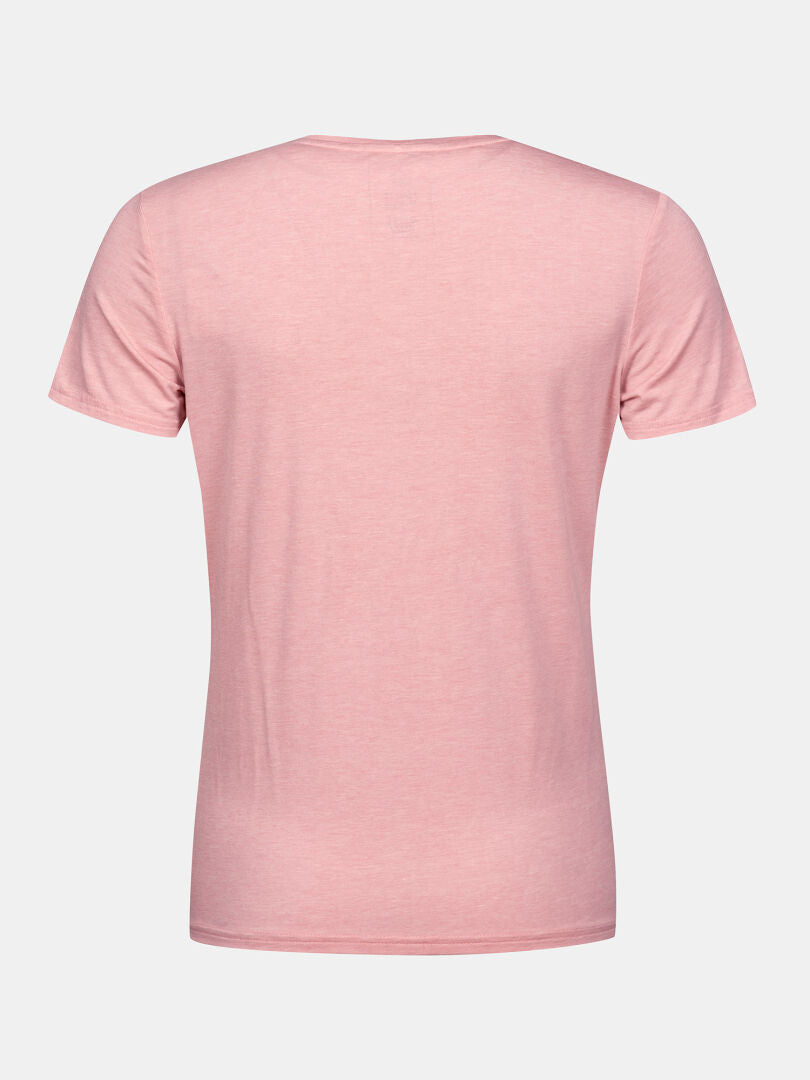 The Halti Tuntu II Merino T-shirt Womens in light pink, short sleeves, shown from the back on a white background.
