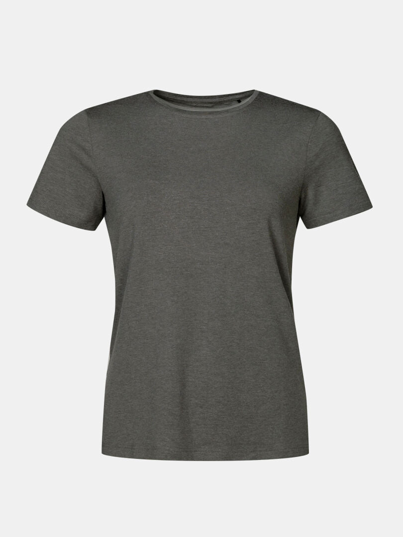 The Halti Tuntu II Merino Women's short-sleeve dark gray outdoor t-shirt is shown on a white background.