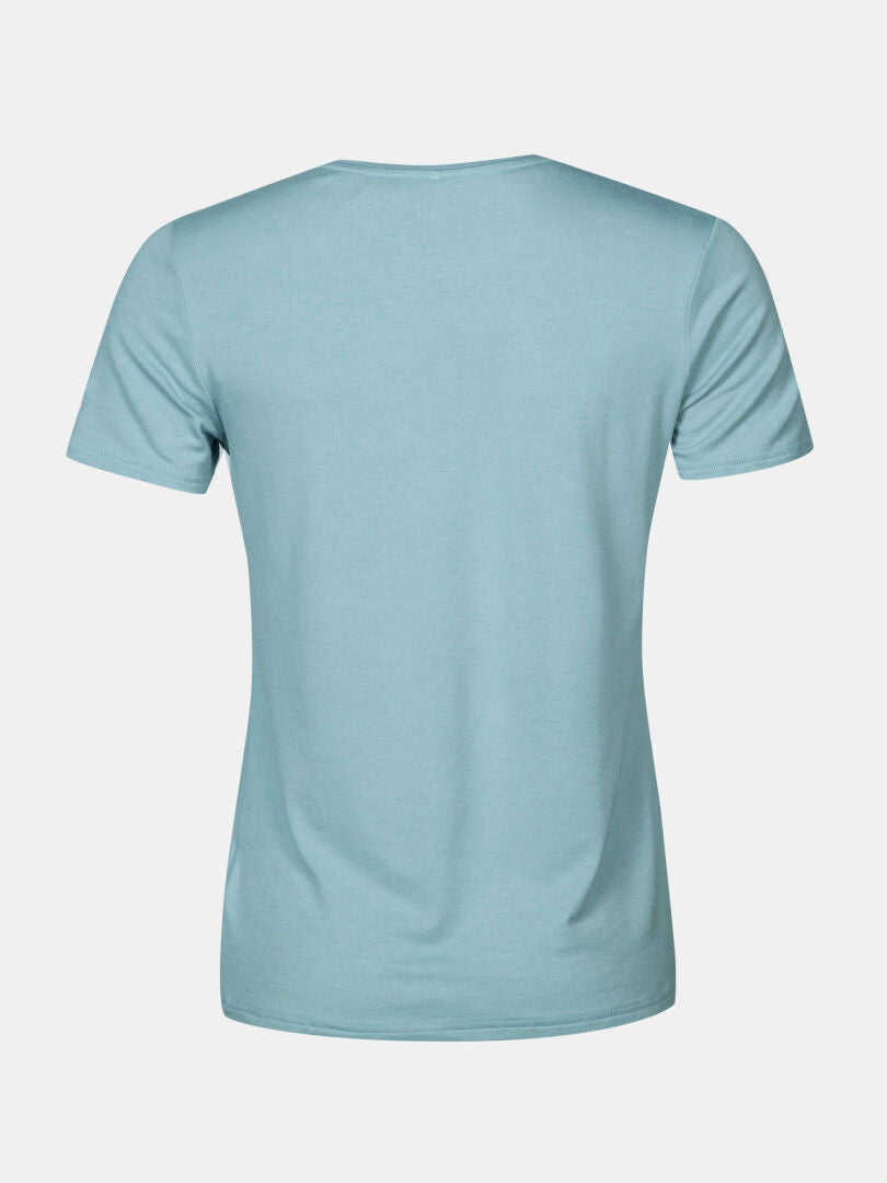 Halti Tuntu II Merino Women's T-shirt in light blue, shown from the back, made from a soft merino lyocell blend.