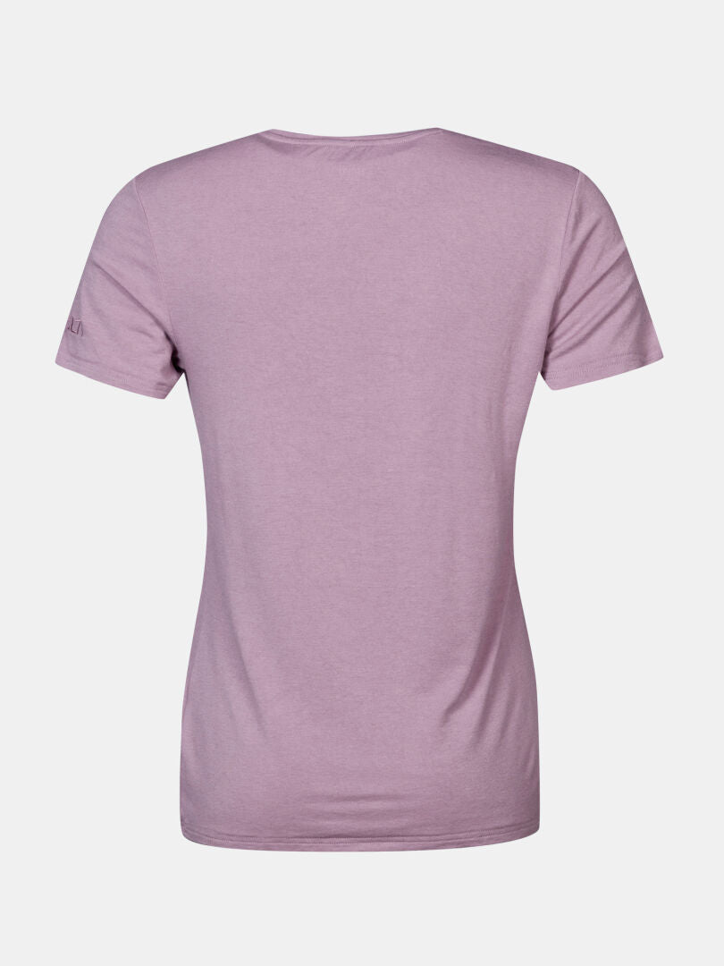 The Halti Tuntu II Merino Women's T-shirt, light purple, short-sleeved, shown from the back on a white background.